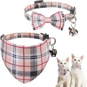 SCENEREAL Plaid Cat Collar with Bow Bandana - 2 Pack Breakaway Kitten Collar with Removable Bowtie Bell, Adjustable Cute Cat Collar for Cats Kittens, Beige SCENEREAL Plaid Cat Collar with Bow Bandana - 2 Pack Breakaway Kitten Collar with Removable Bowtie Bell, Adjustable Cute Cat Collar for Cats Kittens, Beige