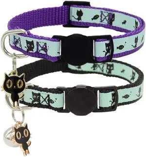 2 Pack Glow in The Dark Cat Collar with Bell Breakaway Safety Cat Puppy Collars with Pendant Purple and Black 2 Pack Glow in The Dark Cat Collar with Bell Breakaway Safety Cat Puppy Collars with Pendant Purple and Black