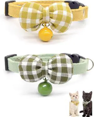2 Pack Soft Breakaway Safety Cat CollarKitten Collar with Bell and Bow Tie,Adjustable Breakaway Cotton Collar for Kitty and Puppy (Plaid-Yellow Green) 2 Pack Soft Breakaway Safety Cat CollarKitten Collar with Bell and Bow Tie,Adjustable Breakaway Cotton Collar for Kitty and Puppy (Plaid-Yellow Green)