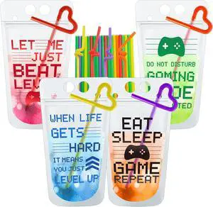 Suclain 24 Pcs Video Game Drink Pouches with Straws Plastic Clear Zipper Drink Bags Reusable Pouches for Birthday Decor Video Game Party Favors Gift Prizes (Red/blue/green/orange) Suclain 24 Pcs Video Game Drink Pouches with Straws Plastic Clear Zipper Drink Bags Reusable Pouches for Birthday Decor Video Game Party Favors Gift Prizes (Red/blue/green/orange)