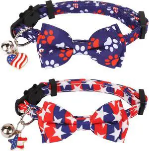 ADOGGYGO American Flag Cat Collar Breakaway with Bow Tie Bell - 2 Pack 4th of July Kitten Collar with Removable Bowtie Red Blue American Flag Collars for Cat Kitten ADOGGYGO American Flag Cat Collar Breakaway with Bow Tie Bell - 2 Pack 4th of July Kitten Collar with Removable Bowtie Red Blue American Flag Collars for Cat Kitten