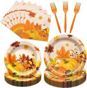 96 Pieces Thanksgiving Tableware Set - Fall Harvest Disposable Dinnerware with Plates, Napkins, Forks for Autumn Celebrations, Thanksgiving Day, and Harvest Festival, Serves 24 Guests 96 Pieces Thanksgiving Tableware Set - Fall Harvest Disposable Dinnerware with Plates, Napkins, Forks for Autumn Celebrations, Thanksgiving Day, and Harvest Festival, Serves 24 Guests
