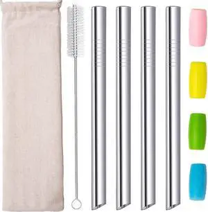 Boba Straws, Reusable Straw Metal Smoothies Jumbo Bubble Tea Tapioca Pearls Milkshake Straws, Pointed Stainless Steel Drinking Straws with Silicone Tips Carry Bag Brush 12mm 0.5" Wide, Silver 4 Pack Boba Straws, Reusable Straw Metal Smoothies Jumbo Bubble Tea Tapioca Pearls Milkshake Straws, Pointed Stainless Steel Drinking Straws with Silicone Tips Carry Bag Brush 12mm 0.5" Wide, Silver 4 Pack