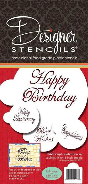 Designer Stencils Script Celebration Cake Stencils Set, Beige/Semi-Transparent Designer Stencils Script Celebration Cake Stencils Set, Beige/Semi-Transparent