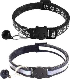 2 Pack Breakaway Cat Collars with Bells, Reflective Design and Claw Print Design, Safety Buckle Kitten Collars Adjustable from 7.5 to 12.5 Inches (Black) 2 Pack Breakaway Cat Collars with Bells, Reflective Design and Claw Print Design, Safety Buckle Kitten Collars Adjustable from 7.5 to 12.5 Inches (Black)