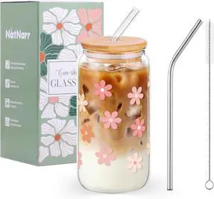 Cute Glass Cups with Lids and Straws, Daisy Flower Cup for Iced Coffee | 16 oz Matcha Cup Birthday Gifts for Women Aesthetic Tumbler for Coffee Lover Girls Teen Gifts Trendy Stuff Thanksgiving Gift Cute Glass Cups with Lids and Straws, Daisy Flower Cup for Iced Coffee | 16 oz Matcha Cup Birthday Gifts for Women Aesthetic Tumbler for Coffee Lover Girls Teen Gifts Trendy Stuff Thanksgiving Gift