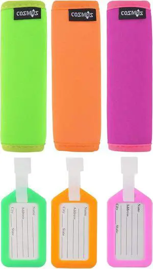 Cosmos 3 Pcs Neoprene Handle Grip for Travel Bag Suitcase + 3 PCS Luggage Tags Cosmos 3 Pcs Neoprene Handle Grip for Travel Bag Suitcase + 3 PCS Luggage Tags