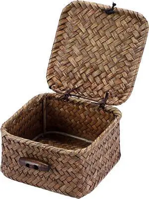 Small Wicker Basket with Lid, Square Seagrass Organizer | Handwoven Compact Storage Box for Key, Jewelry, Decorative Box for Shelf, Home Decor, 3.5"L x 3.5"W x 2"H Small Wicker Basket with Lid, Square Seagrass Organizer | Handwoven Compact Storage Box for Key, Jewelry, Decorative Box for Shelf, Home Decor, 3.5"L x 3.5"W x 2"H