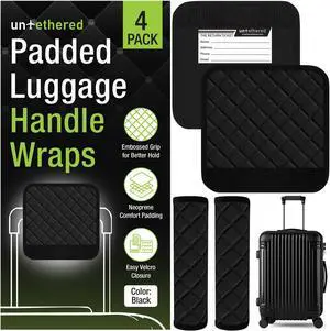 Untethered Luggage Handle Wraps (4-Pack) | Padded Suitcase Handle Covers with Diamond-Grip Design Comfortable Neoprene Travel Handle Wraps for Luggage, Bags & Suitcases. (4-Pack | Black) Untethered Luggage Handle Wraps (4-Pack) | Padded Suitcase Handle Covers with Diamond-Grip Design Comfortable Neoprene Travel Handle Wraps for Luggage, Bags & Suitcases. (4-Pack | Black)