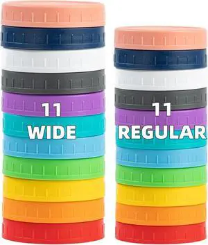 Bedgeta 22 Pack Plastic Mason Jar Lids, 11 Wide Mouth & 11 Regular Mouth with Silicone Rings,Thickened Leak-proof Lids Fit Ball,Kerr and More, 86mm & 70mm(Multicolored) Bedgeta 22 Pack Plastic Mason Jar Lids, 11 Wide Mouth & 11 Regular Mouth with Silicone Rings,Thickened Leak-proof Lids Fit Ball,Kerr and More, 86mm & 70mm(Multicolored)