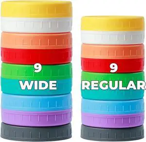 Bedgeta 18 Pack 9 Wide Mouth & 9 Regular Mouth Mason Jar Lids with Silicone Rings,Thickened Leak-proof Lids Fit Ball,Kerr and More, 18 Color Plastic Lids, 86mm &70mm Plastic Mason Jar Lids Bedgeta 18 Pack 9 Wide Mouth & 9 Regular Mouth Mason Jar Lids with Silicone Rings,Thickened Leak-proof Lids Fit Ball,Kerr and More, 18 Color Plastic Lids, 86mm &70mm Plastic Mason Jar Lids