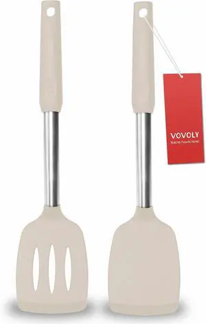 2 Pack Spatulas, Solid & Slotted Silicone Spatula Set, Stainless Steel Handle Coated with Silicone, Non Stick Turners, Heat Resistant Rubber Spatulas for Fish, Eggs, Pancakes, Khaki 2 Pack Spatulas, Solid & Slotted Silicone Spatula Set, Stainless Steel Handle Coated with Silicone, Non Stick Turners, Heat Resistant Rubber Spatulas for Fish, Eggs, Pancakes, Khaki