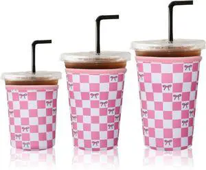 Reusable Ice Coffee Cup Sleeves for Cold Drink 16-32oz(Pink Checked Bow1) | Insulated Neoprene Sleeve for Iced Coffee Cups, Beverage Holder Drink Sleeves for 16/18/22/24/32oz Reusable Ice Coffee Cup Sleeves for Cold Drink 16-32oz(Pink Checked Bow1) | Insulated Neoprene Sleeve for Iced Coffee Cups, Beverage Holder Drink Sleeves for 16/18/22/24/32oz