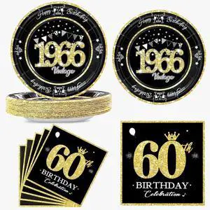 60 PCS Vintage 60th Birthday Plates and Napkins Set, 60th Birthday Decorations Black and Gold, Service for 30, 1966 Birthday Dessert Plates and Napkins Party Supplies for Men Women 60 PCS Vintage 60th Birthday Plates and Napkins Set, 60th Birthday Decorations Black and Gold, Service for 30, 1966 Birthday Dessert Plates and Napkins Party Supplies for Men Women