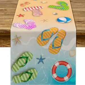 Summer Beach Table Runner Flip Flops Seaside Themed Birthday Seasonal Holiday Party Kitchen Dinning Room Home Decoration (13" x 72") Summer Beach Table Runner Flip Flops Seaside Themed Birthday Seasonal Holiday Party Kitchen Dinning Room Home Decoration (13" x 72")