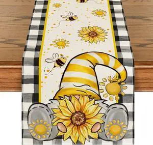 Artoid Mode Buffalo Plaid Sunflower Gnomes Bee Summer Table Runner, Seasonal Kitchen Dining Table Decoration for Home Party Decor 13x72 Inch Artoid Mode Buffalo Plaid Sunflower Gnomes Bee Summer Table Runner, Seasonal Kitchen Dining Table Decoration for Home Party Decor 13x72 Inch