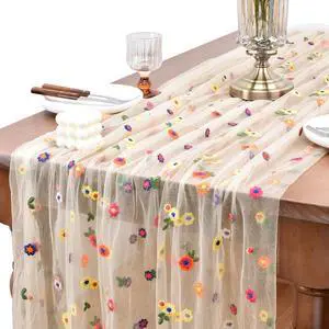 Flower Table Runner Floral Daisy Fall Wedding Birthday Party Home Decor | Champagne 10ft Embroidery Wildflower Tulle Seasonal Tea Party Bridal Shower Holiday Picnic Home Table Decorations Flower Table Runner Floral Daisy Fall Wedding Birthday Party Home Decor | Champagne 10ft Embroidery Wildflower Tulle Seasonal Tea Party Bridal Shower Holiday Picnic Home Table Decorations