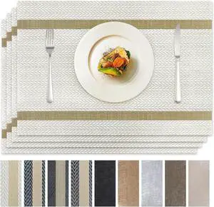 COOLMI Beige Placemats Set of 4, Washable Woven PVC Table Mats, Heat Resistant Non-Slip Place Mats for Dining Table, Flat Pack No Curled Edges, Indoor Outdoor, 17 x 12 Inch COOLMI Beige Placemats Set of 4, Washable Woven PVC Table Mats, Heat Resistant Non-Slip Place Mats for Dining Table, Flat Pack No Curled Edges, Indoor Outdoor, 17 x 12 Inch