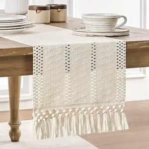 ZeeMart Macrame Style Boho Table Runner, 12x72 Inch Ivory | Woven Boho Table Runner with Handmade Tassels, Crochet Hollow Table Scarf, Farmhouse Kitchen Home Decor Dresser Runner ZeeMart Macrame Style Boho Table Runner, 12x72 Inch Ivory | Woven Boho Table Runner with Handmade Tassels, Crochet Hollow Table Scarf, Farmhouse Kitchen Home Decor Dresser Runner