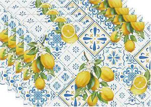 Bonhause Lemon Summer Placemats Set of 4, 12x18 Inch Italian Blue Tiles Lemons Yellow Fruits Mediterranean Kitchen Dining Table Mats Washable Place Mats for Indoor Outdoor Home Party Decor Bonhause Lemon Summer Placemats Set of 4, 12x18 Inch Italian Blue Tiles Lemons Yellow Fruits Mediterranean Kitchen Dining Table Mats Washable Place Mats for Indoor Outdoor Home Party Decor
