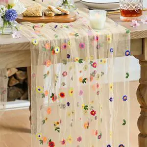 Artoid Mode Champagne Embroidery Daisy Gauze Table Runner 120 Inch 10FT | Seasonal Sheer Kitchen Dining Holiday Wedding Birthday Table Decor for Home Party Artoid Mode Champagne Embroidery Daisy Gauze Table Runner 120 Inch 10FT | Seasonal Sheer Kitchen Dining Holiday Wedding Birthday Table Decor for Home Party