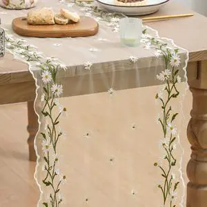 Artoid Mode Daisy Floral Beige Apricot Shaped Gauze Embroidery Table Runner 120 Inch 10FT, Tulle Spring Summer Kitchen Dining Table Decor for Home Party Artoid Mode Daisy Floral Beige Apricot Shaped Gauze Embroidery Table Runner 120 Inch 10FT, Tulle Spring Summer Kitchen Dining Table Decor for Home Party