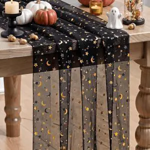 Artoid Mode Black Gauze Stars Moon Table Runner 10FT, Glitter Metallic Foil Sheer Dining Wedding Anniversary Holiday Birthday Table Decor for Home Party Artoid Mode Black Gauze Stars Moon Table Runner 10FT, Glitter Metallic Foil Sheer Dining Wedding Anniversary Holiday Birthday Table Decor for Home Party