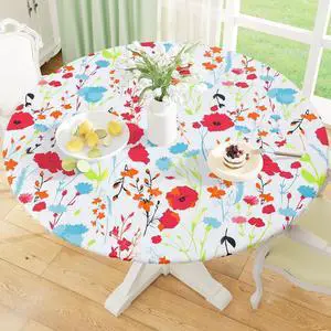 misaya Round Fitted Tablecloth with Elastic Edge, 100% Waterproof Oil Proof Plastic Table Cover, Vinyl Flannel Backed Tablecloth Fits 36"-44" Round Tables for Dinner, Outdoor, Picnic, Flowers misaya Round Fitted Tablecloth with Elastic Edge, 100% Waterproof Oil Proof Plastic Table Cover, Vinyl Flannel Backed Tablecloth Fits 36"-44" Round Tables for Dinner, Outdoor, Picnic, Flowers