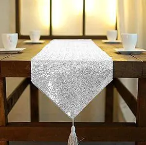 ShinyBeauty 12x48-Inch Silver-Tassel Table Runner, Small Sequined Sparkly Table Runner with Handmade Tassels, Christmas Dinner Table Decor Unique Glittery Stylish ShinyBeauty 12x48-Inch Silver-Tassel Table Runner, Small Sequined Sparkly Table Runner with Handmade Tassels, Christmas Dinner Table Decor Unique Glittery Stylish