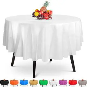 HSGUS 5 Pack Premium Round White Plastic Tablecloth - 84 x in. Disposable Table Cloth - Decorative Cover Smooth - Cloths For Parties, Weddings HSGUS 5 Pack Premium Round White Plastic Tablecloth - 84 x in. Disposable Table Cloth - Decorative Cover Smooth - Cloths For Parties, Weddings