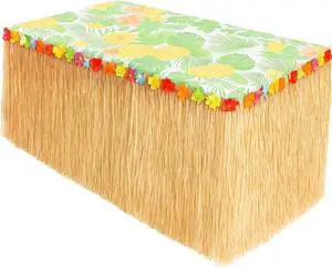 GiftExpress 9 Feet x 29.5" Luau Grass Table Skirt - Hawaiian Theme Party Skirt with Hibiscous Flower Decoration - Fringe Raffia Natural Straw Colored Backdrop for Luau Tropical Theme Décor GiftExpress 9 Feet x 29.5" Luau Grass Table Skirt - Hawaiian Theme Party Skirt with Hibiscous Flower Decoration - Fringe Raffia Natural Straw Colored Backdrop for Luau Tropical Theme Décor