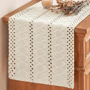 Artoid Mode Beige Woven Farmhouse Hollow Table Runner 12x72 Inch | Holiday Rustic Kitchen Dining Dresser Coffee Table Decoration for Home Party Decor, Macrame Cotton Blend Artoid Mode Beige Woven Farmhouse Hollow Table Runner 12x72 Inch | Holiday Rustic Kitchen Dining Dresser Coffee Table Decoration for Home Party Decor, Macrame Cotton Blend