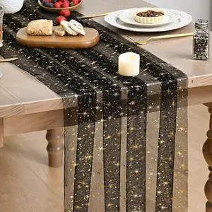 Artoid Mode Gold Stars Black Gauze Table Runner 120 Inch 10FT, Reversible Glitter Sheer Dining Wedding Holiday Birthday Table Decor for Home Party Artoid Mode Gold Stars Black Gauze Table Runner 120 Inch 10FT, Reversible Glitter Sheer Dining Wedding Holiday Birthday Table Decor for Home Party