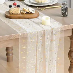Artoid Mode Gold Stars Beige Gauze Table Runner 120 Inch 10FT, Reversible Glitter Sheer Dining Wedding Holiday Birthday Table Decor for Home Party Artoid Mode Gold Stars Beige Gauze Table Runner 120 Inch 10FT, Reversible Glitter Sheer Dining Wedding Holiday Birthday Table Decor for Home Party