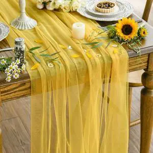 Artoid Mode Yellow Gauze Table Runner 120 Inch 10FT, Seasonal Sheer Kitchen Dining Holiday Wedding Birthday Baby Shower Table Decor for Home Party Artoid Mode Yellow Gauze Table Runner 120 Inch 10FT, Seasonal Sheer Kitchen Dining Holiday Wedding Birthday Baby Shower Table Decor for Home Party