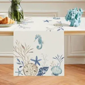 Bonhause Nautical Coastal Table Runner 13x72 Inch Ocean Beach Seahorse Starfish Seashell Summer Kitchen Dinning Table Decoration for Indoor Outdoor Home Party Decor Bonhause Nautical Coastal Table Runner 13x72 Inch Ocean Beach Seahorse Starfish Seashell Summer Kitchen Dinning Table Decoration for Indoor Outdoor Home Party Decor