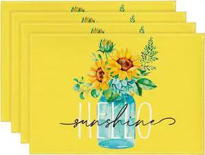 Artoid Mode Yellow Hello Sunshine Sunflower Summer Placemats for Dining Table, 12 x 18 Inch Spring Seasonal Holiday Decoration Rustic Vintage Washable Table Mats Set of 4 Artoid Mode Yellow Hello Sunshine Sunflower Summer Placemats for Dining Table, 12 x 18 Inch Spring Seasonal Holiday Decoration Rustic Vintage Washable Table Mats Set of 4