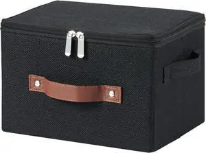 Storage Bins with Zipper Lids Decorative Lidded Baskets Boxes | Clothes Container, Closet Shelf Organizer, Foldable Washable, Cotton Linen Fabric, w/ PU Leather Handles, Black, Small Storage Bins with Zipper Lids Decorative Lidded Baskets Boxes | Clothes Container, Closet Shelf Organizer, Foldable Washable, Cotton Linen Fabric, w/ PU Leather Handles, Black, Small