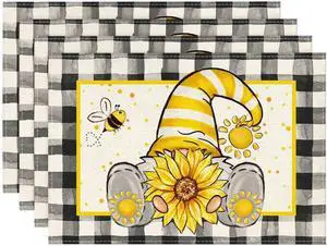 Artoid Mode Buffalo Plaid Gnome Bee Sunflower Summer Placemats Set of 4, 12x18 Inch Seasonal Spring Table Mats for Party Kitchen Dining Decoration Artoid Mode Buffalo Plaid Gnome Bee Sunflower Summer Placemats Set of 4, 12x18 Inch Seasonal Spring Table Mats for Party Kitchen Dining Decoration