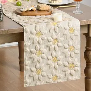 Artoid Mode Beige Soft Plush Faux Fur Jacquard Embroidery Sunflower Spring Table Runner, Kitchen Dining Table Decoration for Home Party Decor 13x72 Inch Artoid Mode Beige Soft Plush Faux Fur Jacquard Embroidery Sunflower Spring Table Runner, Kitchen Dining Table Decoration for Home Party Decor 13x72 Inch