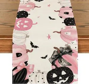 Artoid Mode 210 GSM Halloween Table Runner Home Party Decor 13x72 Inch | Pink Jack-O-Lantern Pumpkin Bat, Seasonal Kitchen Dining Table Decoration Artoid Mode 210 GSM Halloween Table Runner Home Party Decor 13x72 Inch | Pink Jack-O-Lantern Pumpkin Bat, Seasonal Kitchen Dining Table Decoration