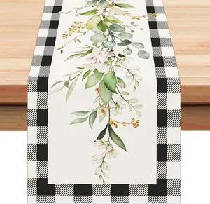 Bonhause Green Eucalyptus Leaves Flowers Table Runner 13x72 Inch Black White Buffalo Plaid Spring Plants Kitchen Dining Table Decoration for Indoor Outdoor Home Party Decor Bonhause Green Eucalyptus Leaves Flowers Table Runner 13x72 Inch Black White Buffalo Plaid Spring Plants Kitchen Dining Table Decoration for Indoor Outdoor Home Party Decor