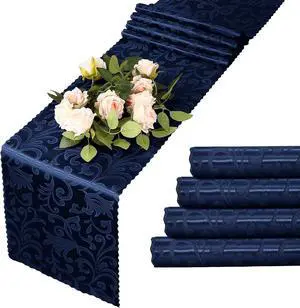 MILVOWOC 4 Pack Navy Blue Damask Table Runner, 12 x 72 Inch | Satin Jacquard, Rectangle, Bright Silky, For Party Banquet Birthday Dinner Wedding MILVOWOC 4 Pack Navy Blue Damask Table Runner, 12 x 72 Inch | Satin Jacquard, Rectangle, Bright Silky, For Party Banquet Birthday Dinner Wedding