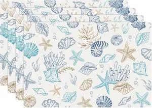 Bonhause Nautical Coastal Placemats Set of 4, 12x18 Inch Ocean Seashell Starfish Coral Beach Summer Kitchen Dining Table Mats Washable Place Mats for Indoor Outdoor Home Party Decor Bonhause Nautical Coastal Placemats Set of 4, 12x18 Inch Ocean Seashell Starfish Coral Beach Summer Kitchen Dining Table Mats Washable Place Mats for Indoor Outdoor Home Party Decor