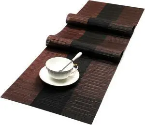 SHACOS Table Runners Woven Vinyl PVC Table Runner 12 x 36 inch Wipe Clean Bamboo Weave Countertop Table Decor Mats Indoor Outdoor, Ombre Coffee Black SHACOS Table Runners Woven Vinyl PVC Table Runner 12 x 36 inch Wipe Clean Bamboo Weave Countertop Table Decor Mats Indoor Outdoor, Ombre Coffee Black