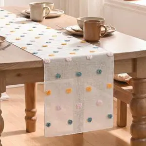Artoid Mode Pink Blue Yellow Pom Pom Tulle Table Runner, Seasonal Washable Kitchen Dining Table Decoration for Home Party Decor 12x72 Inch Artoid Mode Pink Blue Yellow Pom Pom Tulle Table Runner, Seasonal Washable Kitchen Dining Table Decoration for Home Party Decor 12x72 Inch