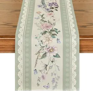 Artoid Mode Green Printed Lace Floral 210 GSM Spring Table Runner, Seasonal Summer Kitchen Dining Table Decoration for Home Party Decor 13x72 Inch Artoid Mode Green Printed Lace Floral 210 GSM Spring Table Runner, Seasonal Summer Kitchen Dining Table Decoration for Home Party Decor 13x72 Inch