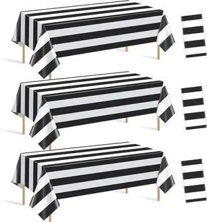 Hallswl 3pcs 54x108Inch Black and White Horizontal Striped Table Cloth | Classic Black Stripe Tablecloths Disposable Plastic Stripe Waterproof Table Covers for Picnic Halloween Ghost Party Hallswl 3pcs 54x108Inch Black and White Horizontal Striped Table Cloth | Classic Black Stripe Tablecloths Disposable Plastic Stripe Waterproof Table Covers for Picnic Halloween Ghost Party