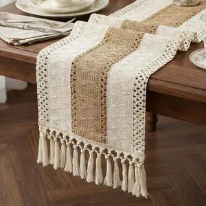 Burlap Boho Table Runner Macrame Brown 72in Farmhouse Woven Runner | Burlap Farmhouse Rustic Jute Macrame Woven Dining Table Runner for Bedroom Dresser Kitchen Home Decor(12x72Inches) Burlap Boho Table Runner Macrame Brown 72in Farmhouse Woven Runner | Burlap Farmhouse Rustic Jute Macrame Woven Dining Table Runner for Bedroom Dresser Kitchen Home Decor(12x72Inches)