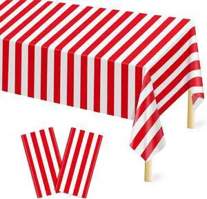 Mulbozy Plastic Table Cloth Disposable 2 Pack, 54 × 108 Inch Red and White Stripe Tablecloths, Red Plastic Table Cover for Carnival, Movie Night, Birthday, Halloween, Christmas Party Mulbozy Plastic Table Cloth Disposable 2 Pack, 54 × 108 Inch Red and White Stripe Tablecloths, Red Plastic Table Cover for Carnival, Movie Night, Birthday, Halloween, Christmas Party